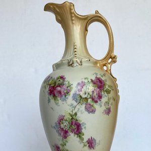 Antique Art Nouveau Royal Teplitz Hand Painted Vase - Pink Roses, Gold Leaves